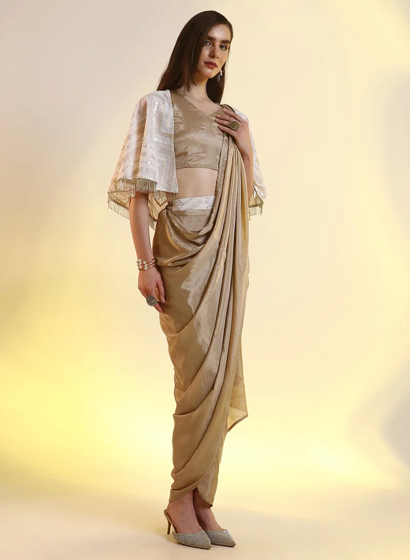 Qissa  Women's French Beige Bijou Cape Pre-Draped Saree For Casual Wear | V-Neck | Cape Sleeves | 1 Piece Pre-Draped Saree Designed With Comfort Fit For Everyday Ethnic Wear for Women | Best Price UAE